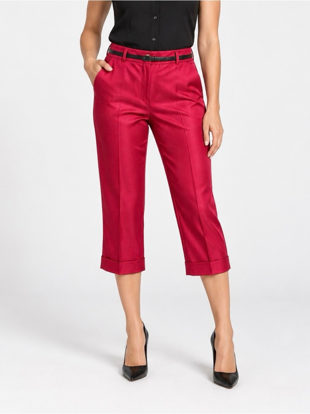 Larry Levine Raspberry Red Cropped Dress Capri with Black Belt